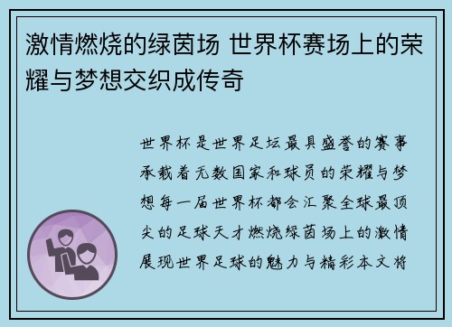 激情燃烧的绿茵场 世界杯赛场上的荣耀与梦想交织成传奇